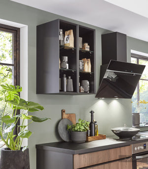 nobilia Winkelküche Riva 840 Nussbaum 370 x 250 cm mit Glas-Wandschränke optional mit E-Geräten Detail Wandschrank