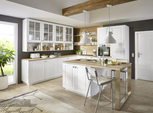 nobilia Winkelküche mit Kochinsel Sylt 847 Alpinweiß matt 310x300 + 210 x110 cm Landhaus Küche optional mit Elektrogeräte spiegelverkehrt