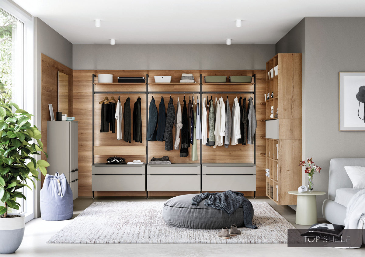 nobilia begehbarer offener Kleiderschrank Ankleiderzimmer 240 cm + 360 cm + 240cm Touch 341 Steingrau supermatt