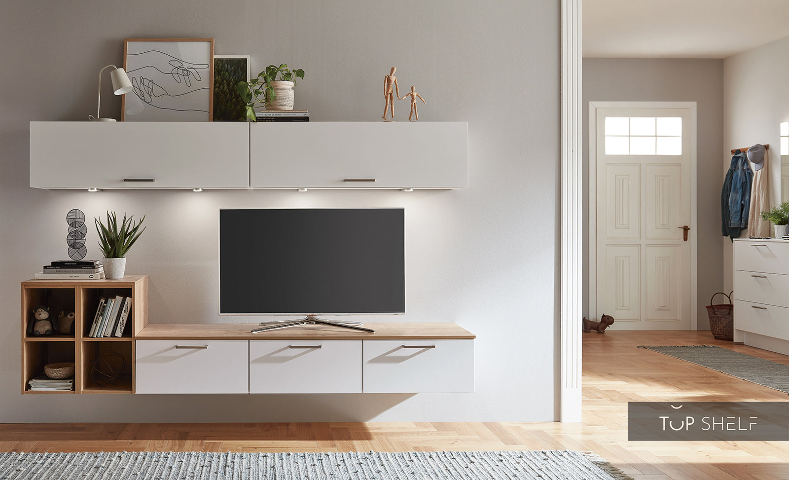 nobilia elements living wall Hamburg 240 cm in white configurable in concrete and oak