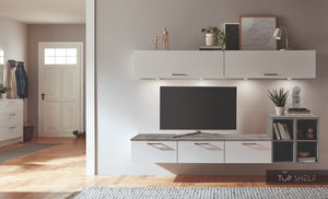 nobilia elements Wohnwand in Alpinweiß supermatt und Platte in 354 Beton Schiefergrau