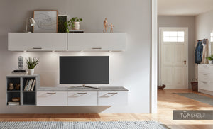 nobilia elements Wohnwand in Alpinweiß supermatt und Platte in Beton Schiefergrau