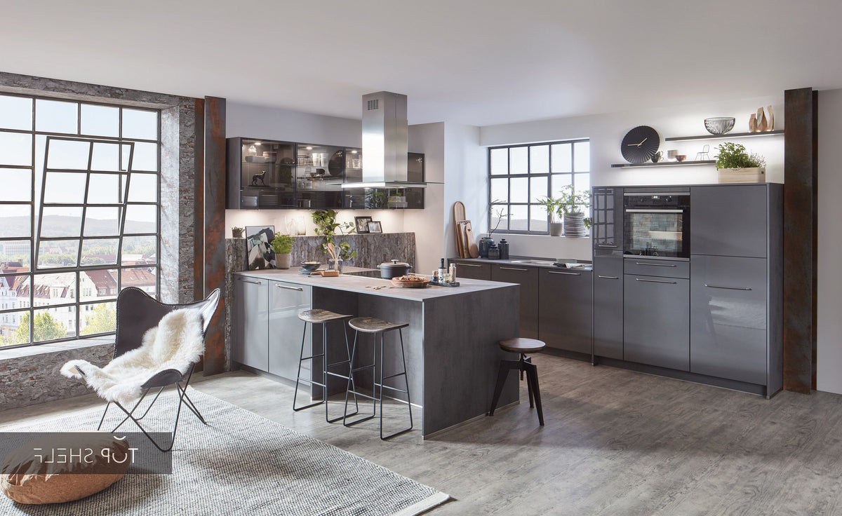 nobilia Küchenzeile mit Kücheninsel Flash 453 Lacklaminat Schiefergrau Hochglanz 335+245 cm konfigurierbar mit E-Geräten spiegelverkehrt