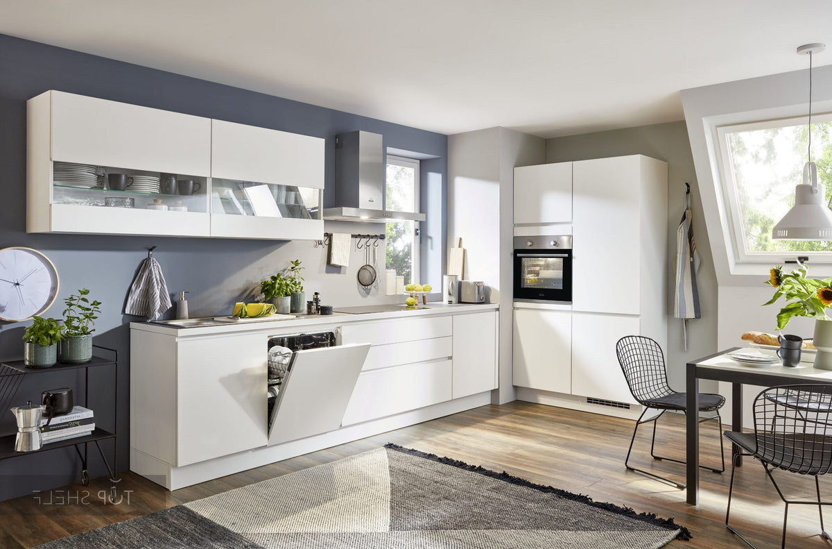 nobilia zweizeilige Küche Artis 938 Glasoptik Alpinweiß matt 350 + 120 + 180 cm mit optionalen Geräten spiegelverkehrt