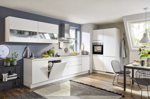 nobilia zweizeilige Küche Artis 938 Glasoptik Alpinweiß matt 350 + 120 + 180 cm mit optionalen Geräten spiegelverkehrt
