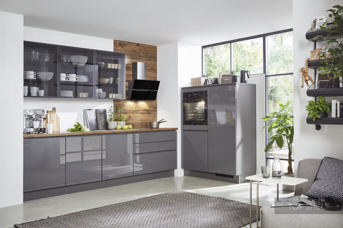 nobilia zweizeilige Küche Flash 453 Schiefergrau Hochglanz  Balkeneiche Nachbildung 125+280 cm moderne Küche optional mit E-Geräten