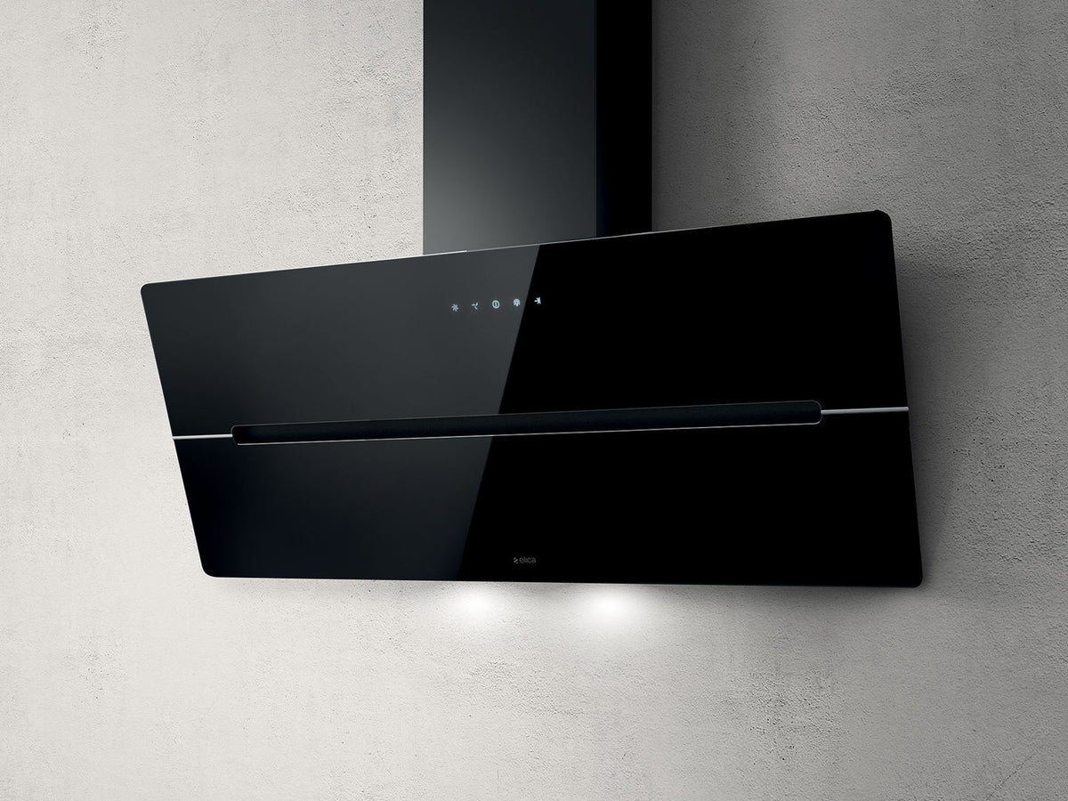 Elica Wandhaube WISE 90 BK BL/A/90 (Abluft / Umluft) schwarz kopffrei 90cm LED-Beleuchtung, Glas-Front, Metallfilter, Touch-Control (max. 691m³/h)