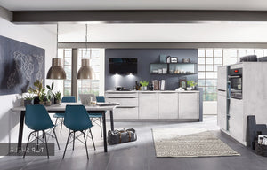 nobilia Küche Küchenzeile Riva 891 Weißbeton 285 + 150 cm konfigurierbar mit E-Geräten spiegelverkehrt