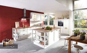 nobilia Küche mit Kücheninsel York 901 Echtholz Seidengrau lackiert 350+180+180cm konfigurierbar mit E-Geräten spiegelverkehrt