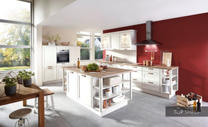 nobilia Küche mit Kücheninsel York 901 Echtholz Seidengrau lackiert 350+180+180cm konfigurierbar mit E-Geräten