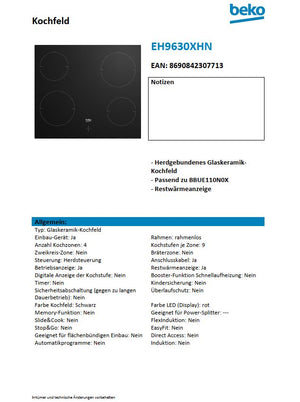 Beko Kochfeld  Glaskeramik-Ceranfeld EH9630XHN Datenblatt Hersteller