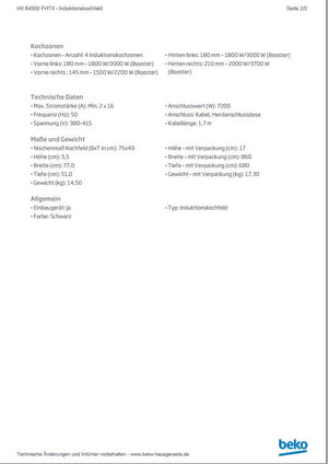 Beko Induktions-Kochfeld HII84500FHTX Datenblatt Hersteller 1