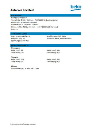 Beko Kochfeld  Glaskeramik-Ceranfeld EB9741FHL Autark Hersteller Datenblatt 1