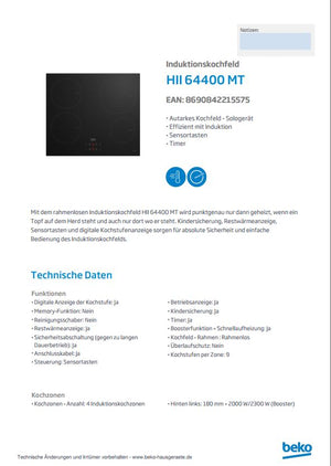 Beko Induktions-Kochfeld  HII64400MT Autark Datenblatt Hersteller
