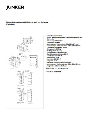 Datenblatt JUNKER Mikrowellen-Kompakt-Backofen JC4119961 