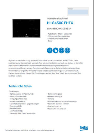 Beko Induktions-Kochfeld HII84500FHTX Datenblatt Hersteller