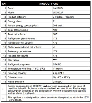 LAURUS LKG122F Einbau-Kühlschrank Kühl-Gefrierkombination Datenblatt