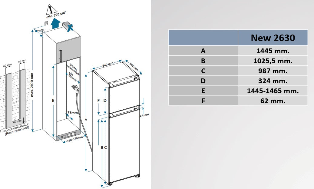 Laurus Einbau-Kühlschrank / Integrierte Kühl-Gefrierkombination