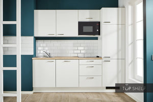 Pino Küche Küchenzeile Weiß 240cm Schränke ohne Deko konfigurierbar E-Geräte top-shelf.de