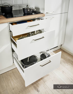 Pino Küche Küchenzeile Weiß 240cm konfigurierbar E-Geräte Detail Schublade Auszüge top-shelf.de