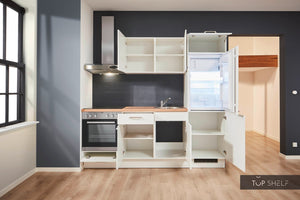 Pino Küche Weiß 220cm konfigurierbar mit E-Geräte offene Schränke top-shelf.de-