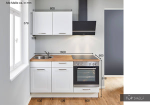 Pino Küche Weiß in Rahmenoptik 160 cm konfigurierbar mit E-Geräten Maßangaben top-shelf.de-