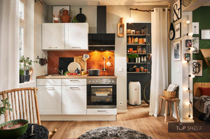 Pino Küche Weiß in Rahmenoptik 160 cm konfigurierbar mit E-Geräten top-shelf.de-