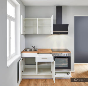 Pino Küche Weiß in Rahmenoptik 160cm konfigurierbar mit E-Geräte offen top-shelf.de-