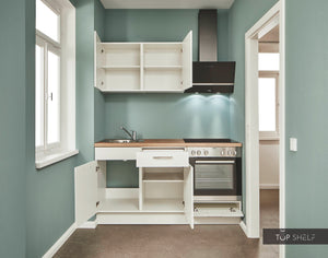 Pino Küche Weiß matt 160 cm konfigurierbar mit E-Geräte offen top-shelf.de-