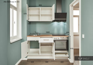 Pino Küche Weiß matt 160 cm konfigurierbar mit E-Geräten Maßangaben top-shelf.de-