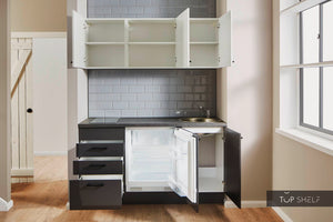 Pino Küche Weiß & Grafit 160cm konfigurierbar mit E-Geräten offen top-shelf.de-