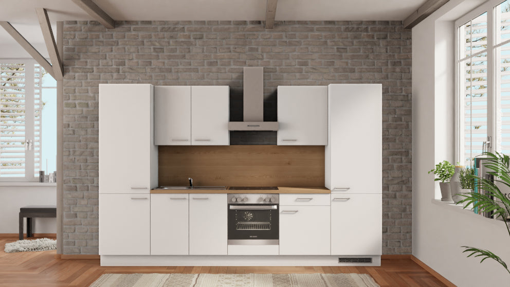 nobilia Appartementküche Ahaus 330 cm Alpinweiß matt Eiche Provence mit Kühlschrank &amp; Backofen