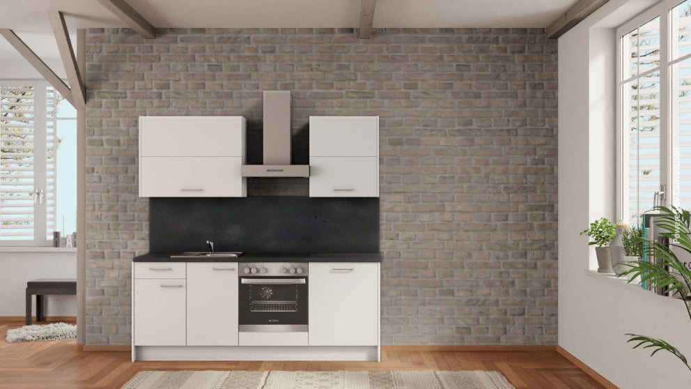 nobilia Appartementküche Jülich 210 cm Alpinweiß matt Beton Schiefergrau mit Backofen