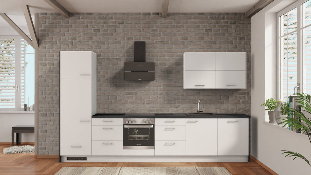 nobilia Appartementküche Lage 360 cm Alpinweiß matt Beton Schiefergrau komplett mit Kochfeld
