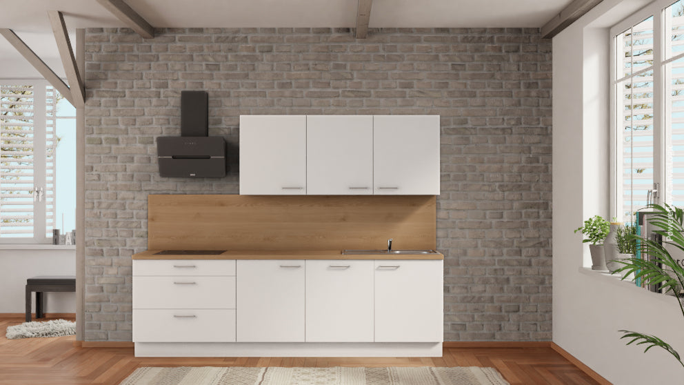 nobilia Appartementküche Neubrandenburg 270 cm Alpinweiß matt Eiche Provence komplett mit Kochfeld