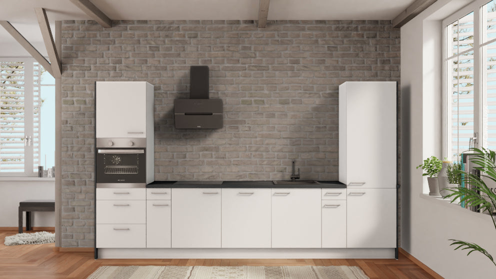 nobilia Appartementküche Ravensburg 360 cm Alpinweiß matt Beton Schiefergrau mit Geschirspüler