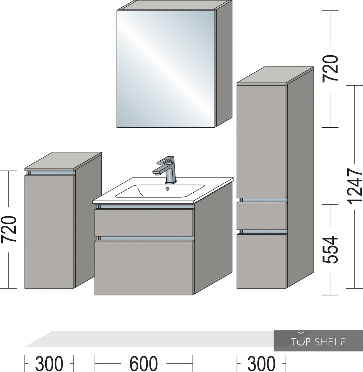 nobilia Badmöbel-Set Waschtisch mit Spiegelschrank LED Badezimmer-Set 120 cm Touch 334 Schiefergrau supermatt NBSET60-003
