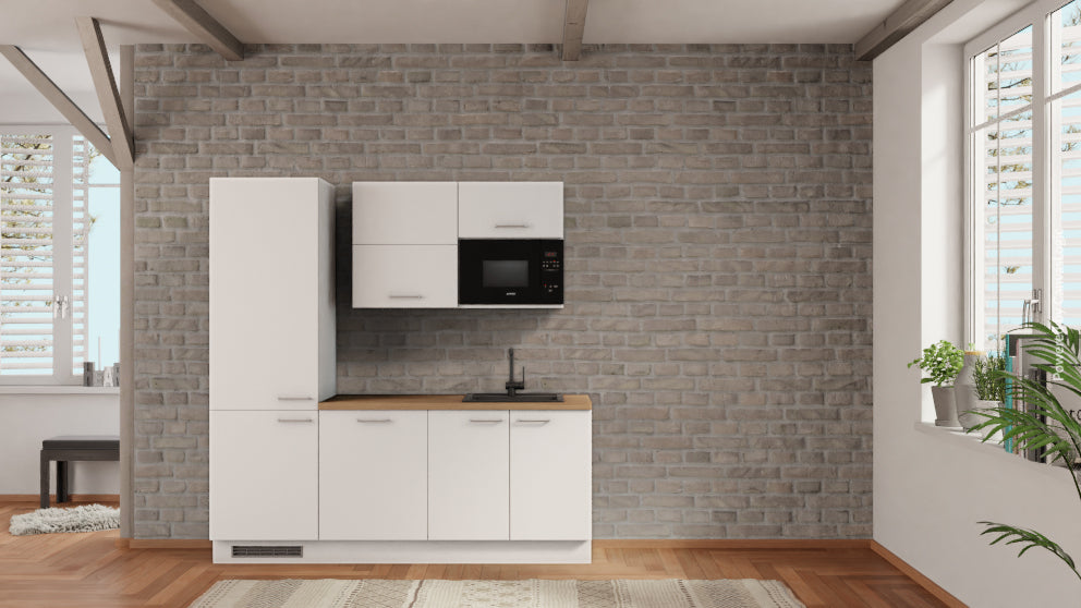 nobilia Büroküche Offenbach 210 cm Alpinweiß matt Eiche Provence mit Kühlschrank &amp; Geschirspüler