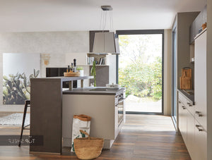 nobilia Küchenzeile mit Kücheninsel & Living Laser 415 Sand 245 + 210 + 220cm Küche & Wohnen konfigurierbar mit E-Geräten spiegelverkehrt