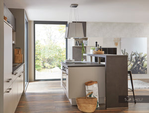 nobilia Küchenzeile mit Kücheninsel & Living Laser 415 Sand 245 + 210 + 220cm Küche & Wohnen konfigurierbar mit E-Geräten seitlich