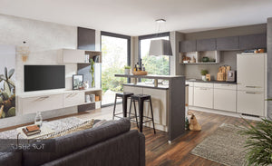nobilia Küchenzeile mit Kücheninsel & Living Laser 415 Sand 245 + 210 + 220cm Küche & Wohnen konfigurierbar mit E-Geräten spiegelverkehrt