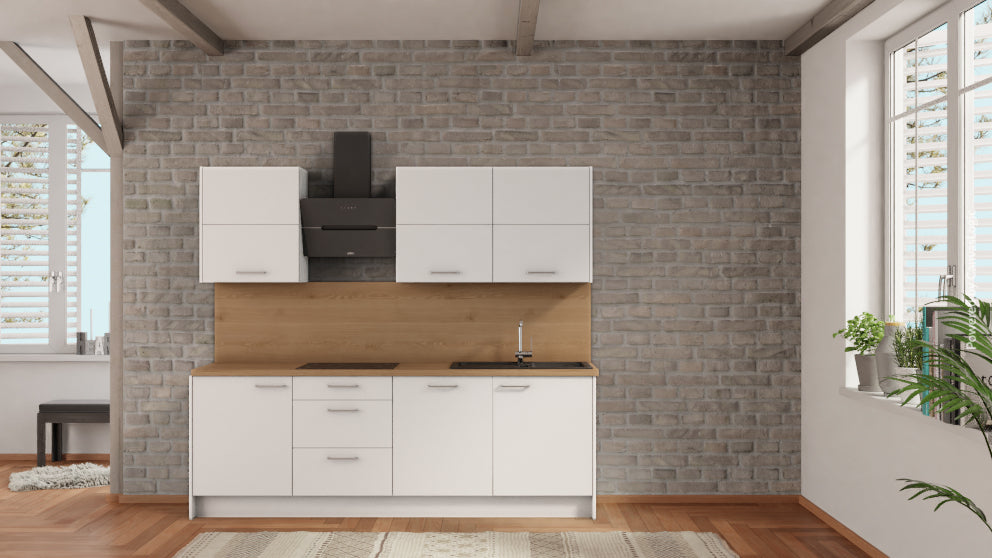 nobilia Kompaktküche Celle 240 cm Alpinweiß matt Eiche Provence komplett mit Kochfeld