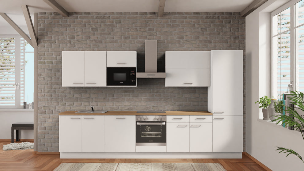 nobilia Komplettküche Kempen 360 cm Alpinweiß matt Eiche Provence mit Kühlschrank &amp; Geschirspüler