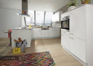 nobilia Küche mit Esstheke Speed 244 Alpinweiß 300 x 180 cm + 120 cm Küche konfigurierbar mit Elektrogeräten spiegelverkehrt