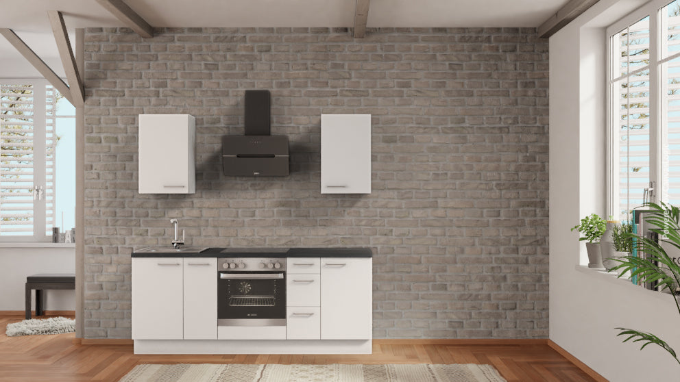 nobilia Küche Göppingen 210 cm Weiß matt angebot Beton Schiefergrau komplett mit Kochfeld