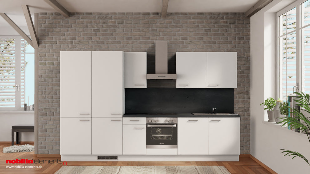 nobilia Küche Kehl 345 cm Alpinweiß matt Beton Schiefergrau mit Kühlschrank &amp; Geschirspüler