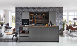 nobilia Küche Küchenzeile mit Kücheninsel Artis 937 Glasoptik Titano matt 300+240 cm konfigurierbar mit E-Geräten spiegelverkehrt