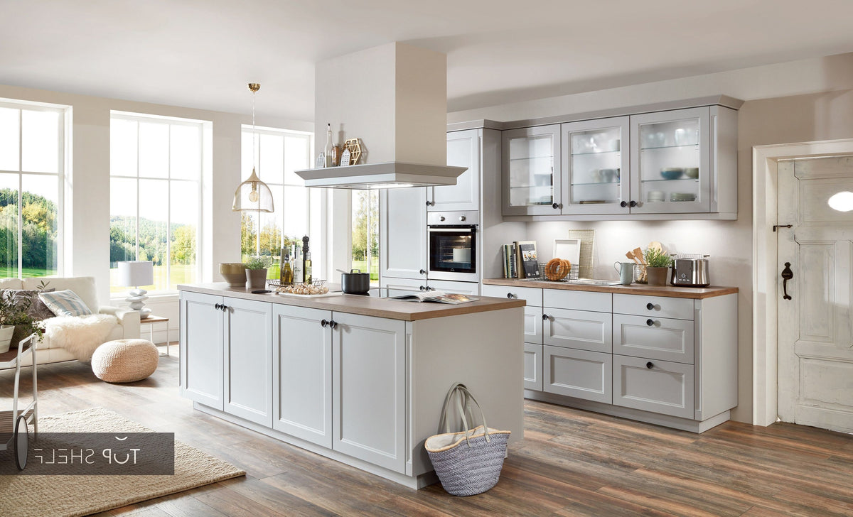 nobilia Küche Küchenzeile mit Kücheninsel Cascada 772 Lacklaminat Steingrau 300+240 cm konfigurierbar mit E-Geräten spiegelverkehrt