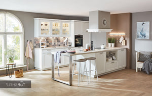 nobilia Küche mit Kücheninsel Cascada 774 Lacklaminat Weiss 315+340 cm konfigurierbar mit E-Geräten spiegelverkehrt