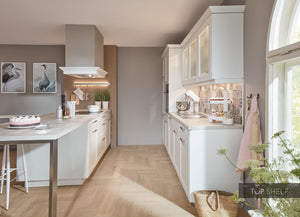 nobilia Küche mit Kücheninsel Cascada 774 Lacklaminat Weiss 315+340 cm konfigurierbar mit E-Geräten seitlich